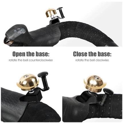 West Biking Copper Bicycle Bell For Everyday Cycling mounted on drop handlebars showing open and closed base, copper bell with thumb lever, 3x3 cm, ~20g