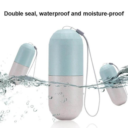 Wheat Straw Pill Storage Box 7 Day Sealed Organizer showing waterproof double-seal capsule case for travel with wrist strap