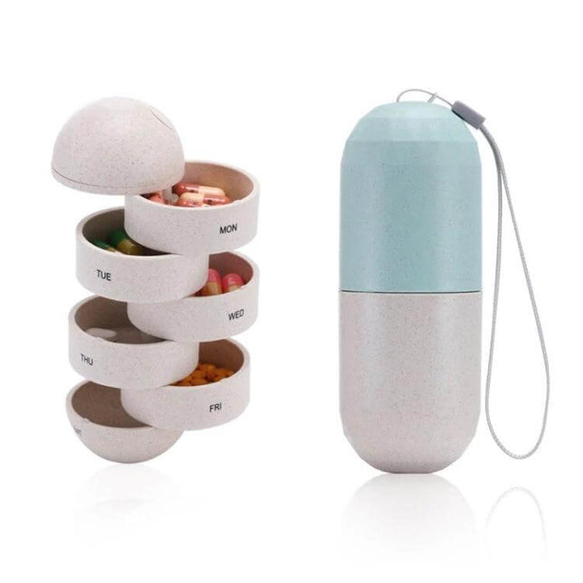 Wheat Straw Pill Storage Box 7 Day Sealed Organizer showing stackable labeled compartments and compact pill capsule case for travel