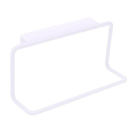 White Cabinet Door Towel Rack for Kitchen and Bath - white PP hook-on towel holder for cabinet doors, compact tool-free installation