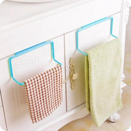 White Cabinet Door Towel Rack for Kitchen and Bath hanging on cabinet door holding hand towels, tool-free hook-on organizer in white