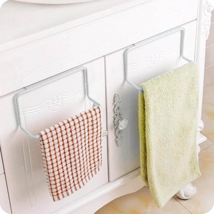 White Cabinet Door Towel Rack for Kitchen and Bath - hook-on white PP towel rack holding hand towels on cabinet doors, tool-free installation, space-saving