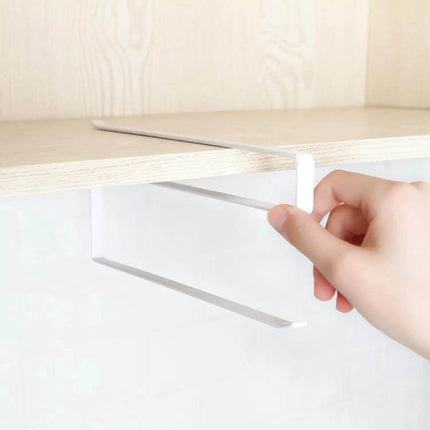 White Kitchen Towel Rack for Cabinets Keeps Towels Handy - compact white painted iron rack mounted inside cabinet for towels and napkins