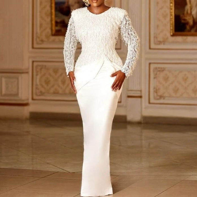 White Lace Tassel Waist Dress With Long Sleeves For Everyday Wear in elegant fitted white lace with tassel waist and long sleeves