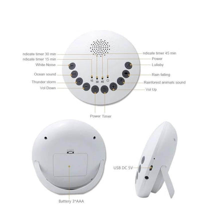 White Noise Sleep Aid Device For Baby Soothes Nighttime compact round unit with six sound buttons, volume, timer, USB and AAA battery options