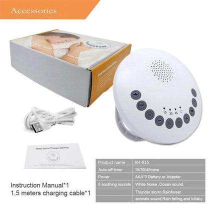 White Noise Sleep Aid Device For Baby Soothes Nighttime compact white noise machine with six sounds, USB cable and instruction manual