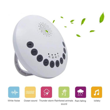 White Noise Sleep Aid Device For Baby Soothes Nighttime compact white noise machine with six sounds, timers and portable design for nursery or travel