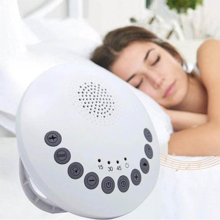 White Noise Sleep Aid Device For Baby Soothes Nighttime compact unit with six sounds on bedside calming newborns and parents