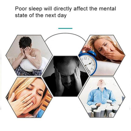 White Noise Sleep Aid Device For Baby Soothes Nighttime - montage showing tired, yawning adults and stressed person to illustrate poor sleep effects