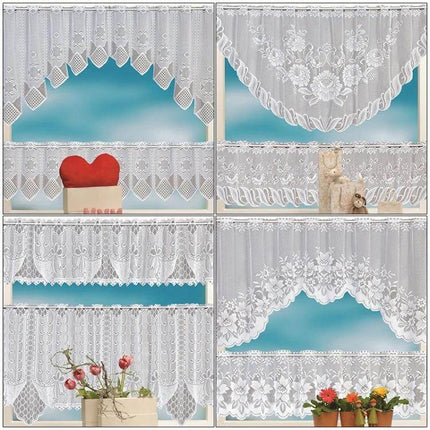 White Translucent Lace Curtain Panels For Bedroom Windows - two-panel polyester lace set with scalloped edges and floral pattern for kitchen or bedroom windows