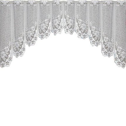 White Translucent Lace Curtain Panels For Bedroom Windows - two-panel polyester lace valance with floral scalloped edge, rope hanging, diffused light