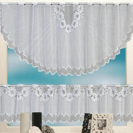 White Translucent Lace Curtain Panels For Bedroom Windows in decorative two-panel rope-hung set showcasing floral scalloped valance and lower tier