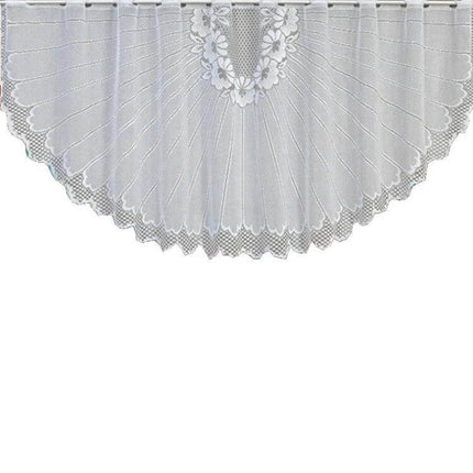 White Translucent Lace Curtain Panels For Bedroom Windows - white polyester two-panel lace curtain with floral V-neck design and scalloped hem, rope hanging
