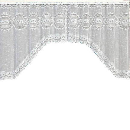 White Translucent Lace Curtain Panels For Bedroom Windows — two-panel white polyester lace set with scalloped valance and rope hanging, diffused light for bedroom