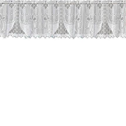 Alt Tag: White Translucent Lace Curtain Panels For Bedroom Windows - two-panel polyester lace set with rope hanging, delicate floral scalloped edge