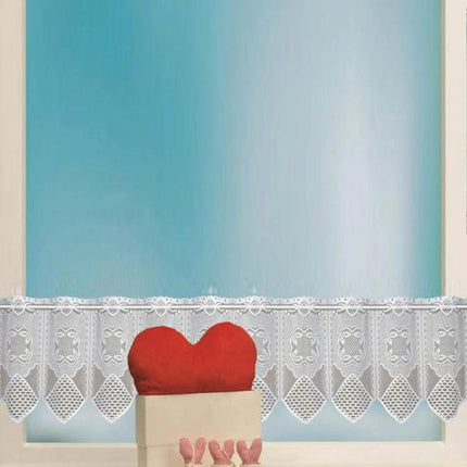 White Translucent Lace Curtain Panels For Bedroom Windows - two-panel polyester lace with scalloped hem and rope hanging, shown on bedroom window