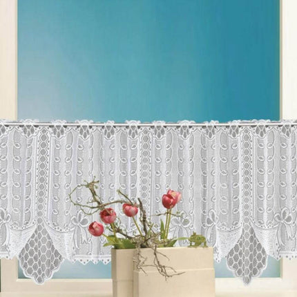 White Translucent Lace Curtain Panels For Bedroom Windows, two-panel polyester lace with rope hang, diffuses light for kitchen or bedroom window