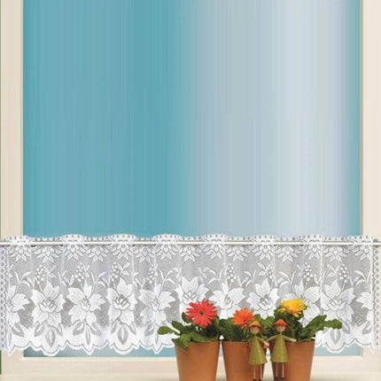 White Translucent Lace Curtain Panels For Bedroom Windows - white lace lower panel with floral pattern over windowsill and potted flowers