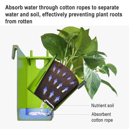 White Vertical Wall Plant Pot For Indoor Decor 24x14x57 cm showing cross-section with nutrient soil and absorbent cotton rope drainage
