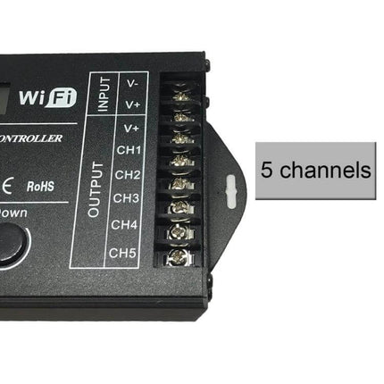 WiFi 5-Channel RGB LED Time Controller For Aquarium Lighting black controller showing INPUT and 5 CHANNEL output terminals