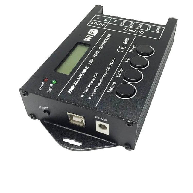 WiFi 5-Channel RGB LED Time Controller For Aquarium Lighting compact black controller with LCD, buttons and power USB ports for scheduled aquarium lighting