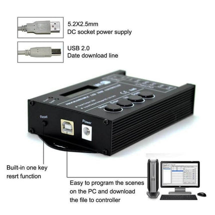WiFi 5-Channel RGB LED Time Controller For Aquarium Lighting compact black controller with USB and DC power ports and PC programming display