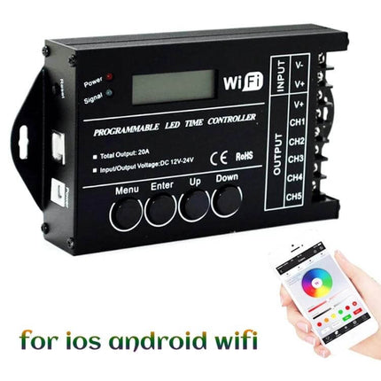 WiFi 5-Channel RGB LED Time Controller For Aquarium Lighting compact black programmable WiFi LED time controller with app color wheel