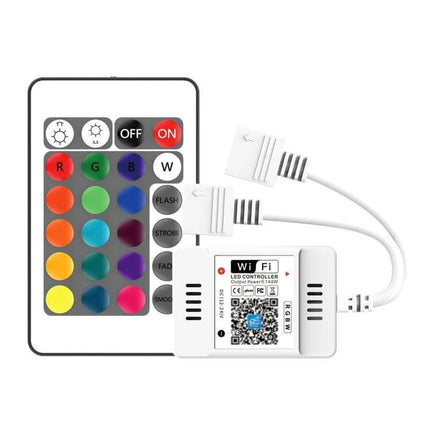 WiFi RGB LED Strip Controller With IR Remote For Home Lighting showing compact white controller and multicolor IR remote for RGB LED strips