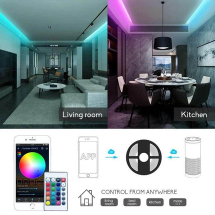 WiFi RGB LED Strip Controller With IR Remote For Home Lighting; compact hub controlling RGB strips in living room and kitchen via app and remote
