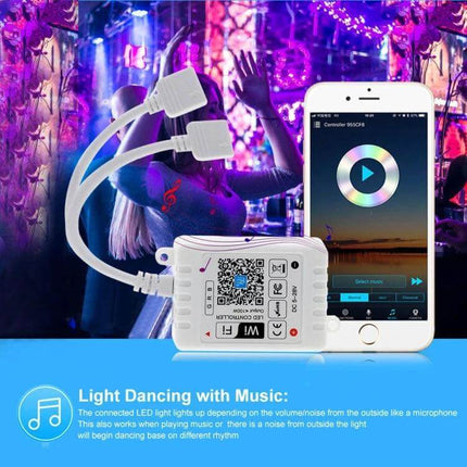 WiFi RGB LED Strip Controller With IR Remote For Home Lighting compact hub showing controller, app and IR remote in a music-lit living room