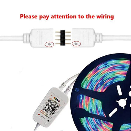 WiFi RGB LED Strip Light Controller Alexa Compatible - close-up of wiring connector, controller with QR code and RGB LED strip reel