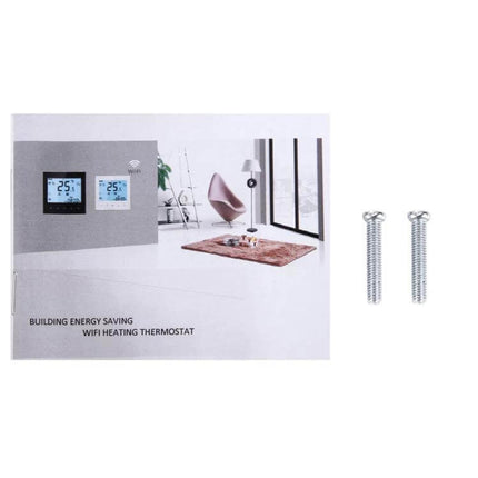 WiFi Room Thermostat White For Electric Underfloor And Water Heating slim silver-frame thermostat with display mounted in modern living room scene