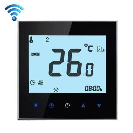 WiFi Room Thermostat White For Electric Underfloor And Water Heating - slim silver-frame smart thermostat with large LCD and touch controls