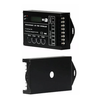 WiFi 5-Channel RGB LED Time Controller For Aquarium Lighting black compact programmable controller showing terminals and buttons