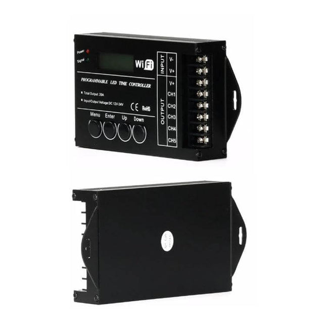 WiFi 5-Channel RGB LED Time Controller For Aquarium Lighting black compact programmable controller showing terminals and buttons