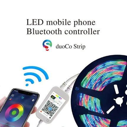WiFi RGB LED Strip Light Controller Alexa Compatible - mobile app and controller showing RGB strip, music sync, WiFi and Alexa voice control
