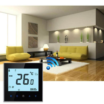 WiFi Room Thermostat White For Electric Underfloor And Water Heating slim silver-frame thermostat in modern living room with WiFi icon, 0.5°C accuracy
