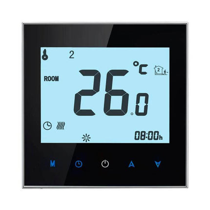 WiFi Room Thermostat White For Electric Underfloor And Water Heating - slim white thermostat with silver frame showing 26°C display and touch controls
