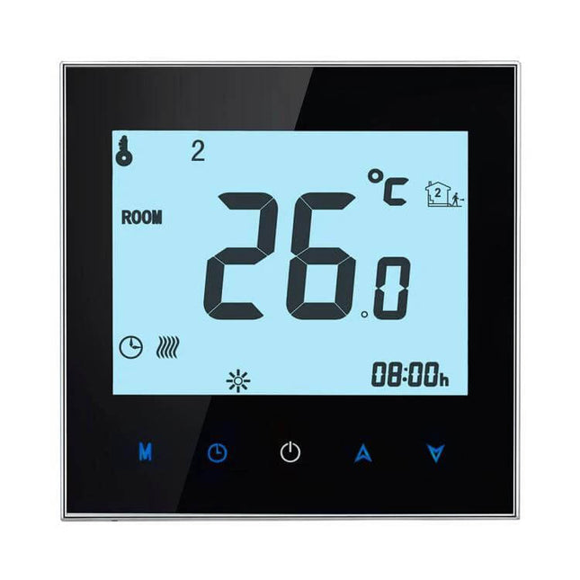 WiFi Room Thermostat White For Electric Underfloor And Water Heating - slim white thermostat with silver frame showing 26°C display and touch controls