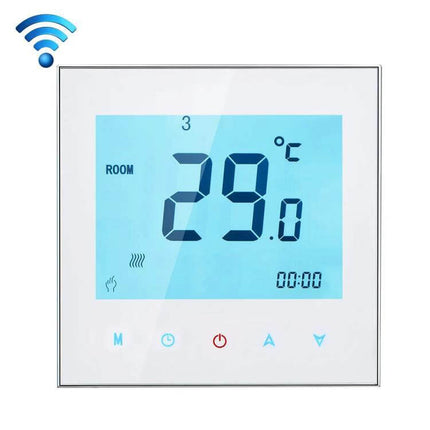 WiFi Room Thermostat White For Electric Underfloor And Water Heating - slim white thermostat with blue LCD showing 29°C and WiFi icon