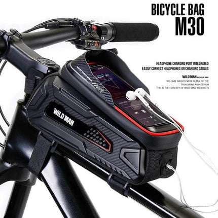 Wild Man Front Beam Bag For Mountain Bike Black Daily Rides compact black front beam bag with TPU touch-screen window and charging port