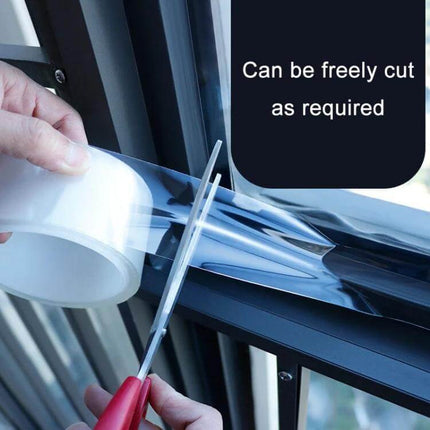 Window Gap Tape 3 Pack Transparent 2cm Wide For Windows And Doors - transparent nano-PET strip being cut and applied to window frame