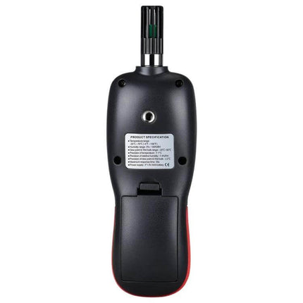 Wintact Bluetooth Humidity And Temperature Meter For Home Use back view showing sensor, battery compartment and label
