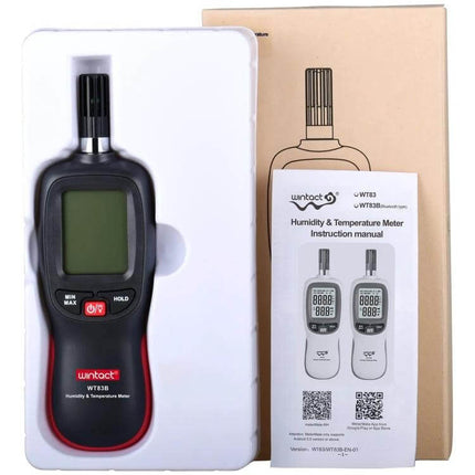 Wintact Bluetooth Humidity And Temperature Meter For Home Use in packaging with instruction manual and backlit LCD display