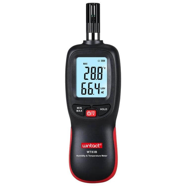 Wintact Bluetooth Humidity And Temperature Meter For Home Use handheld meter with backlit LCD showing 28.8°C and 66.4% RH