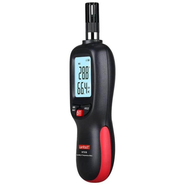 Wintact Bluetooth Humidity And Temperature Meter For Home Use handheld backlit LCD showing 20.8°C and 66% RH with ABS body and Bluetooth