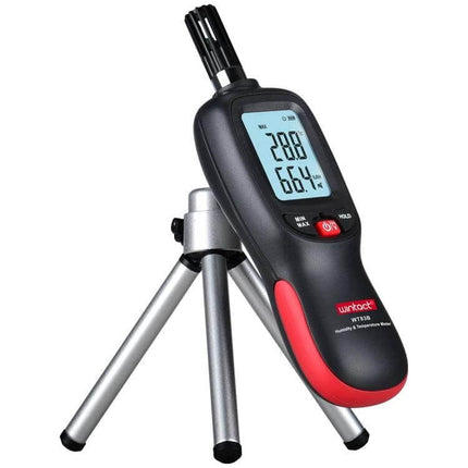 Wintact Bluetooth Humidity And Temperature Meter For Home Use on tripod showing backlit LCD humidity and temperature readings