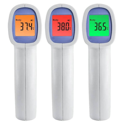 Wintact Infrared Thermometer Non Contact For Everyday Temperature Checks showing three forehead readings with green, orange, and red backlit displays