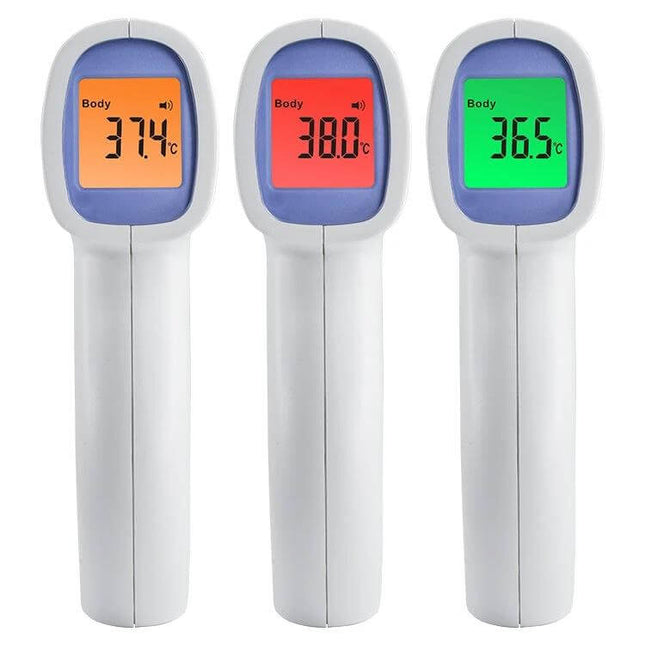 Wintact Infrared Thermometer Non Contact For Everyday Temperature Checks showing three forehead readings with green, orange, and red backlit displays