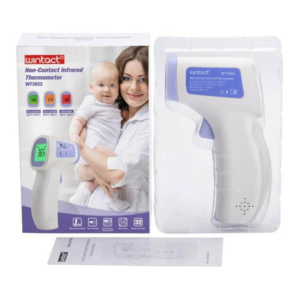 Wintact Infrared Thermometer Non Contact For Everyday Temperature Checks showing device, box, and manual for home and pediatric use